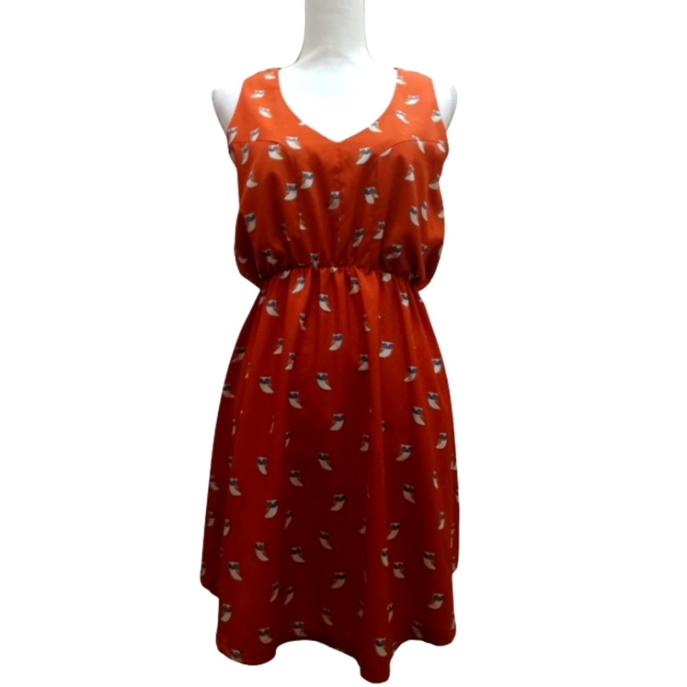 Whimsical Orange Owl Motif Sleeveless Mini Dress Large